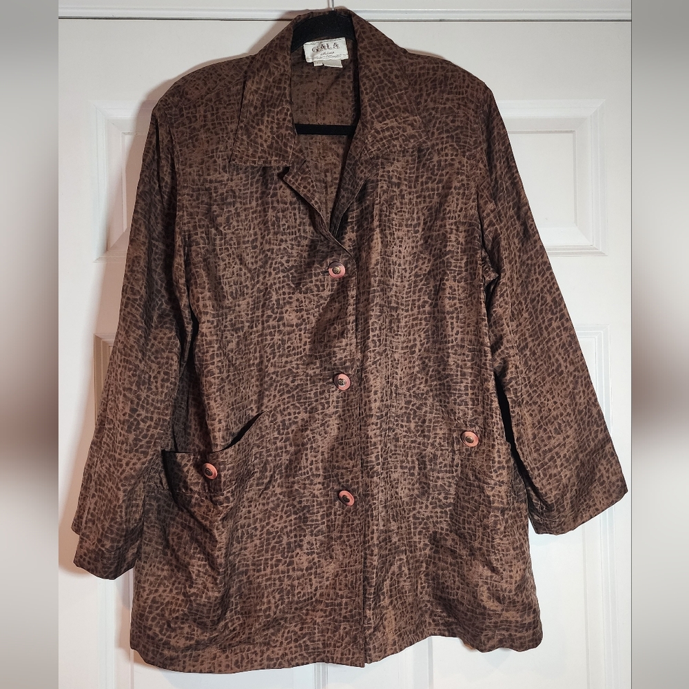 Gala Vintage 100% Silk Brown Patterned Lightweight Button Up Jacket L